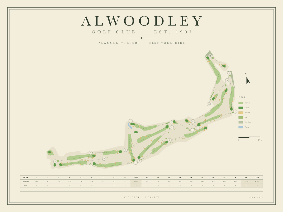 Alwoodley golf course map poster, landscape