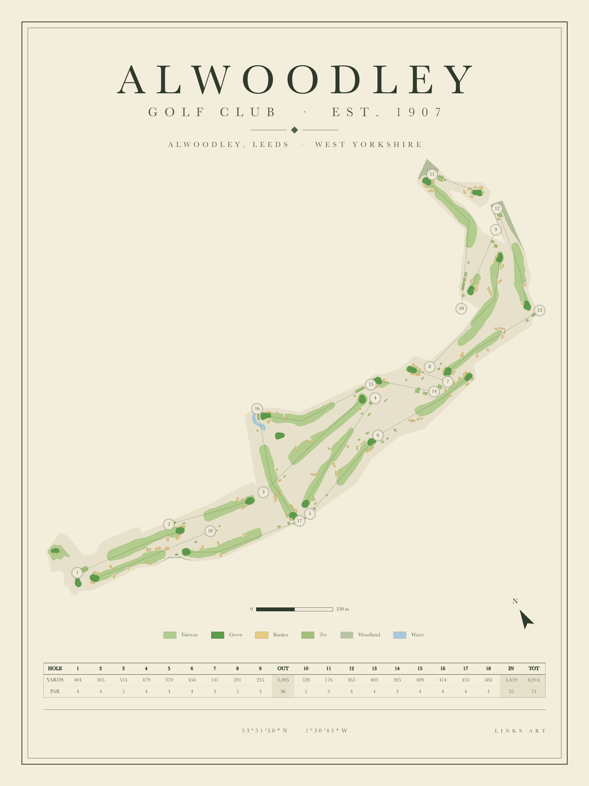 Alwoodley golf course map poster, portrait