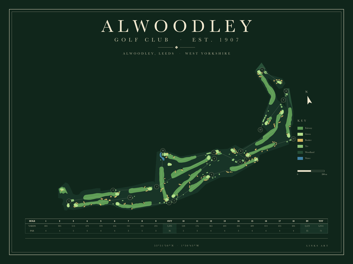 Alwoodley golf course map poster, Fescue, landscape