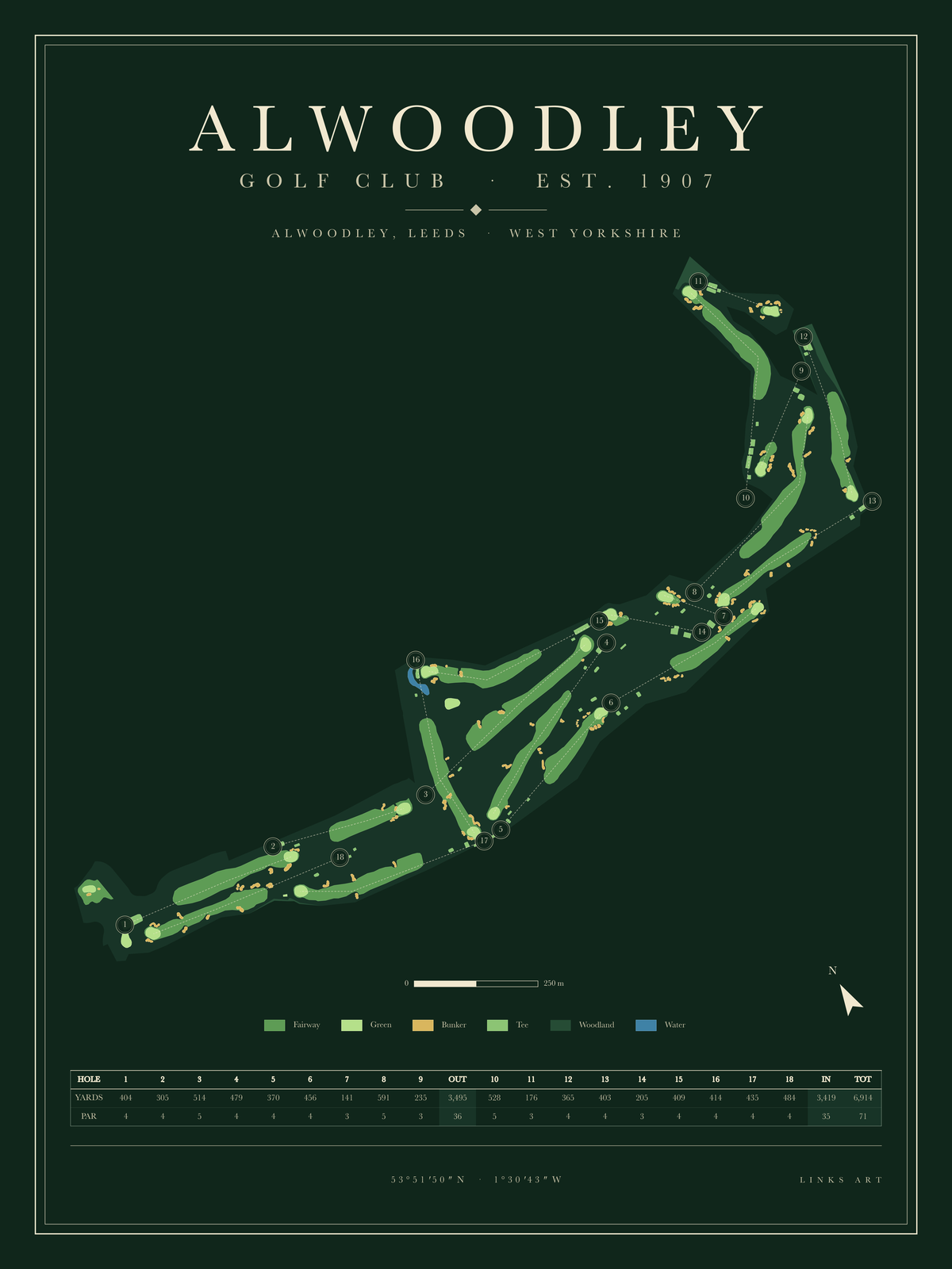 Alwoodley golf course map poster, Fescue, portrait