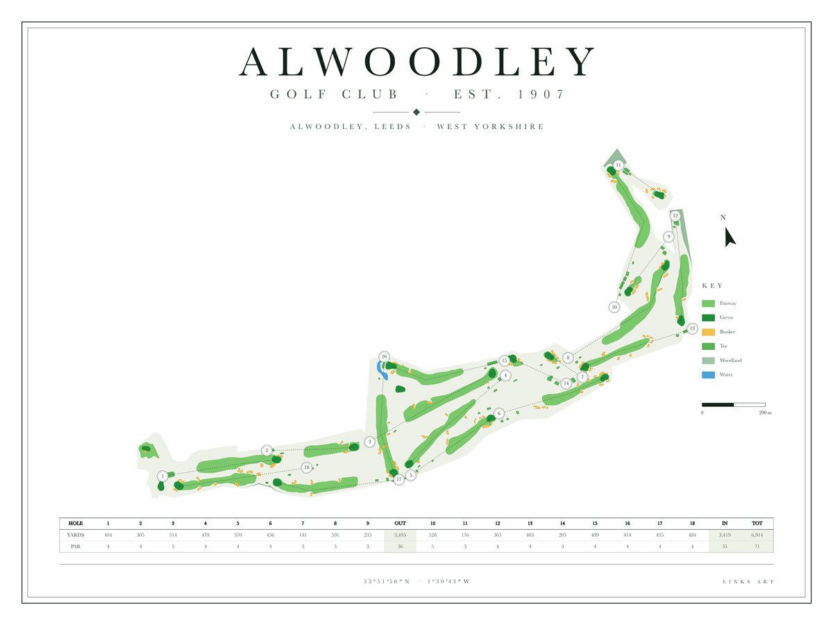 Alwoodley golf course map poster, Chalk, landscape
