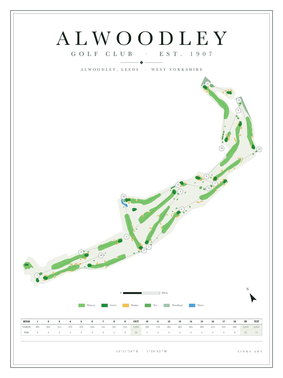 Alwoodley golf course map poster, Chalk, portrait