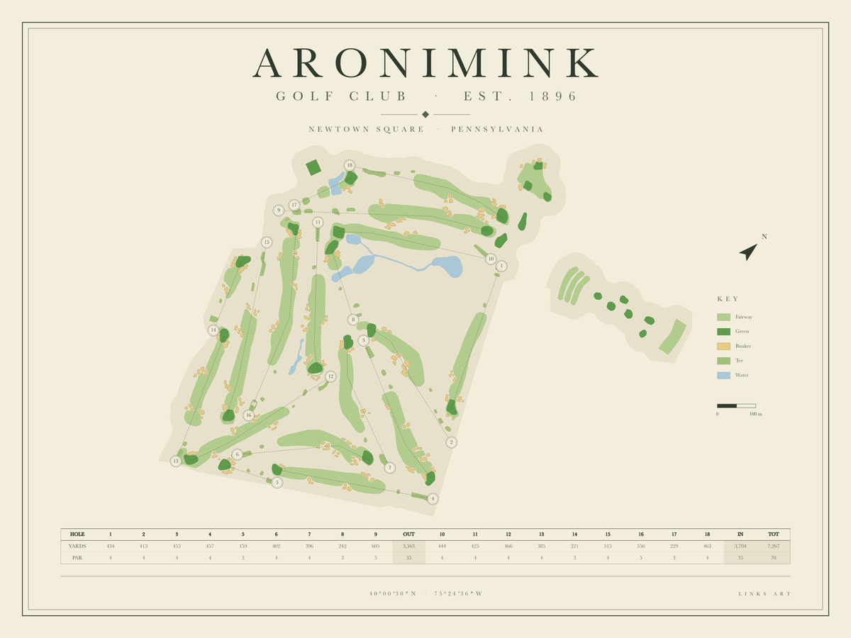 Aronimink golf course map poster, landscape