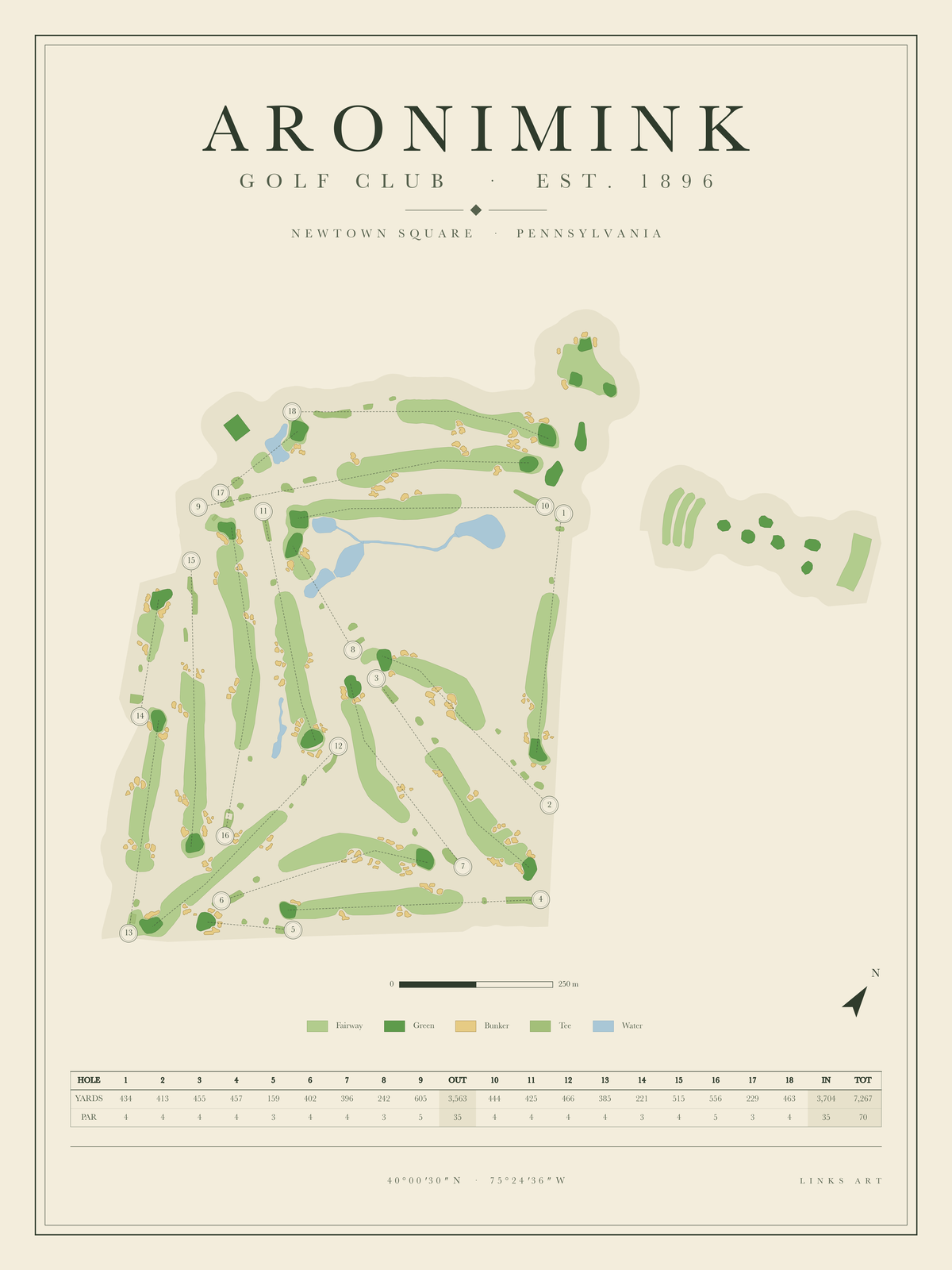 Aronimink golf course map poster, portrait