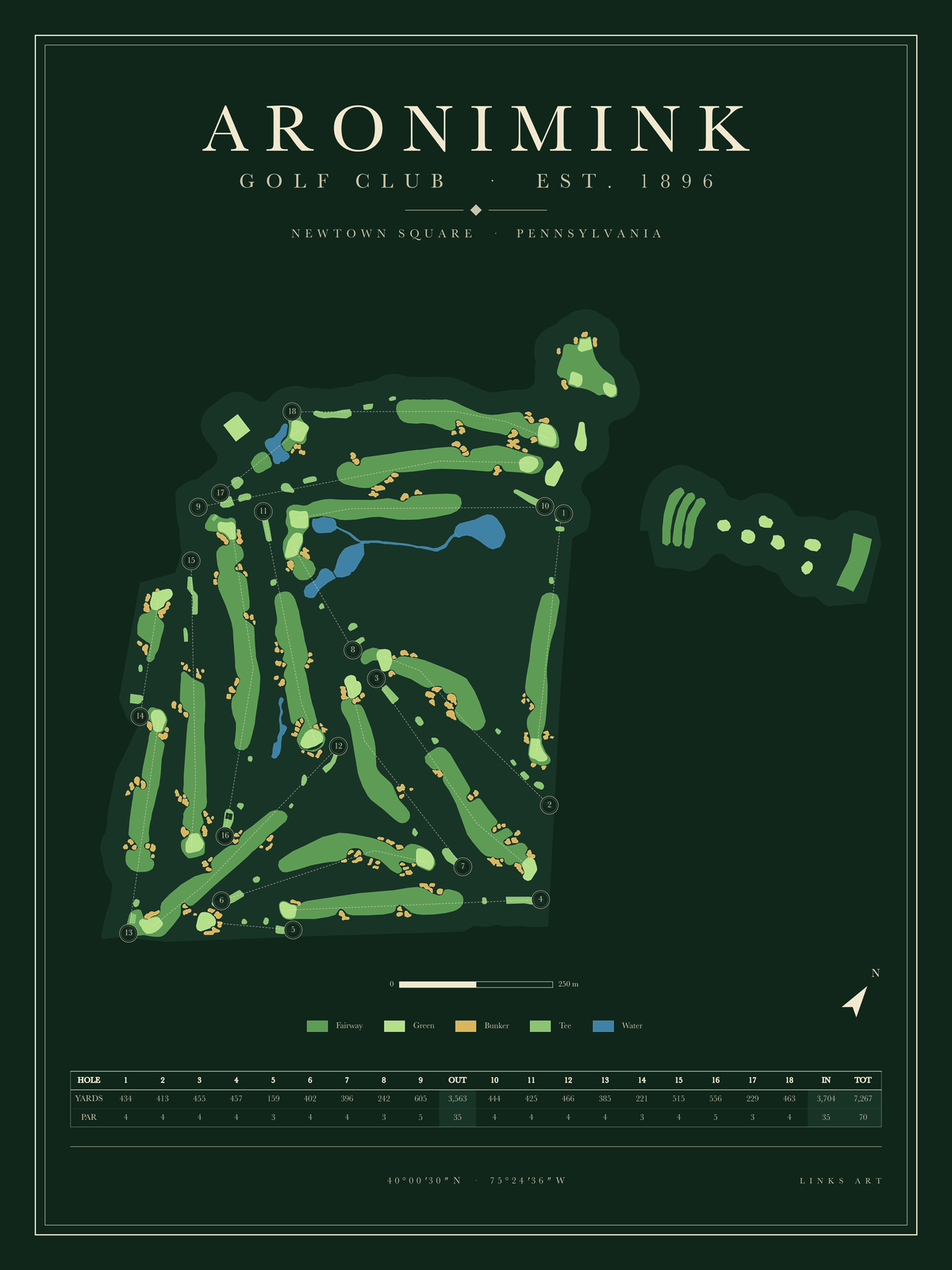 Aronimink golf course map poster, Fescue, portrait