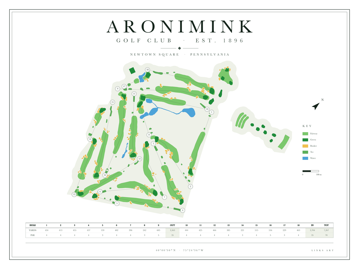 Aronimink golf course map poster, Chalk, landscape
