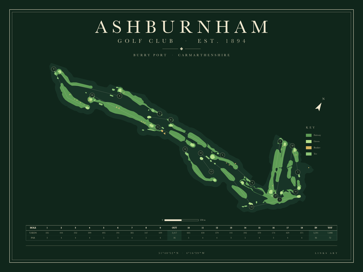 Ashburnham golf course map poster, Fescue, landscape