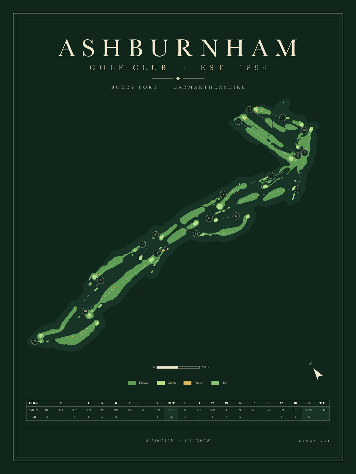 Ashburnham golf course map poster, Fescue, portrait