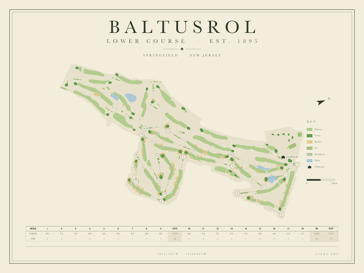 Baltusrol Lower Course golf course map poster, landscape