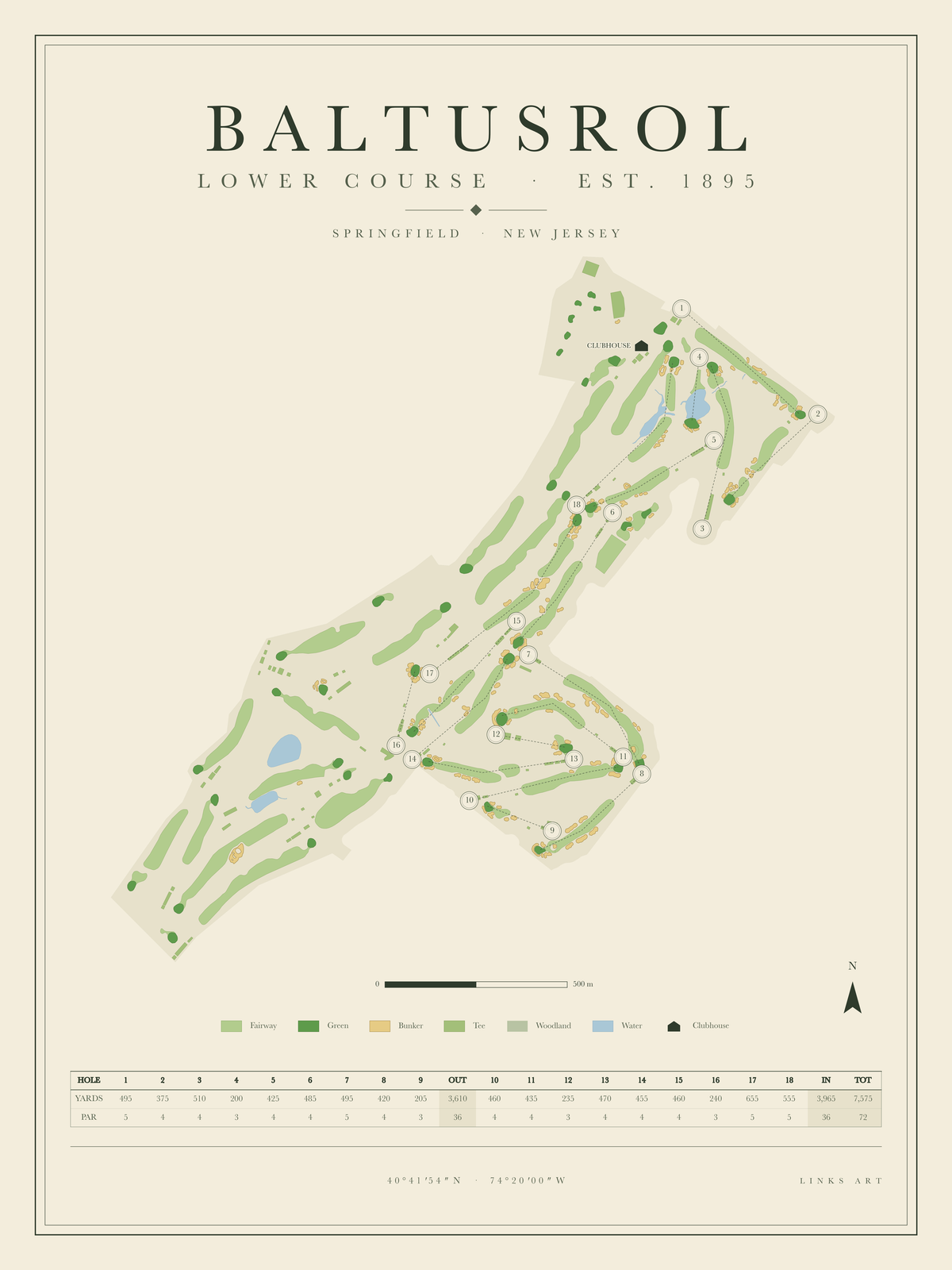 Baltusrol Lower Course golf course map poster, portrait