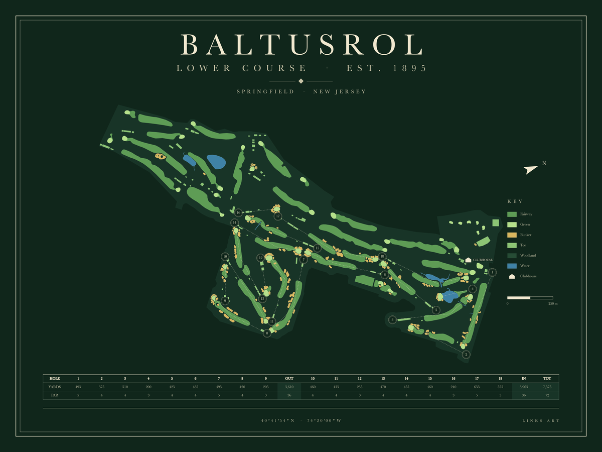 Baltusrol Lower Course Map golf course map poster, Fescue, landscape