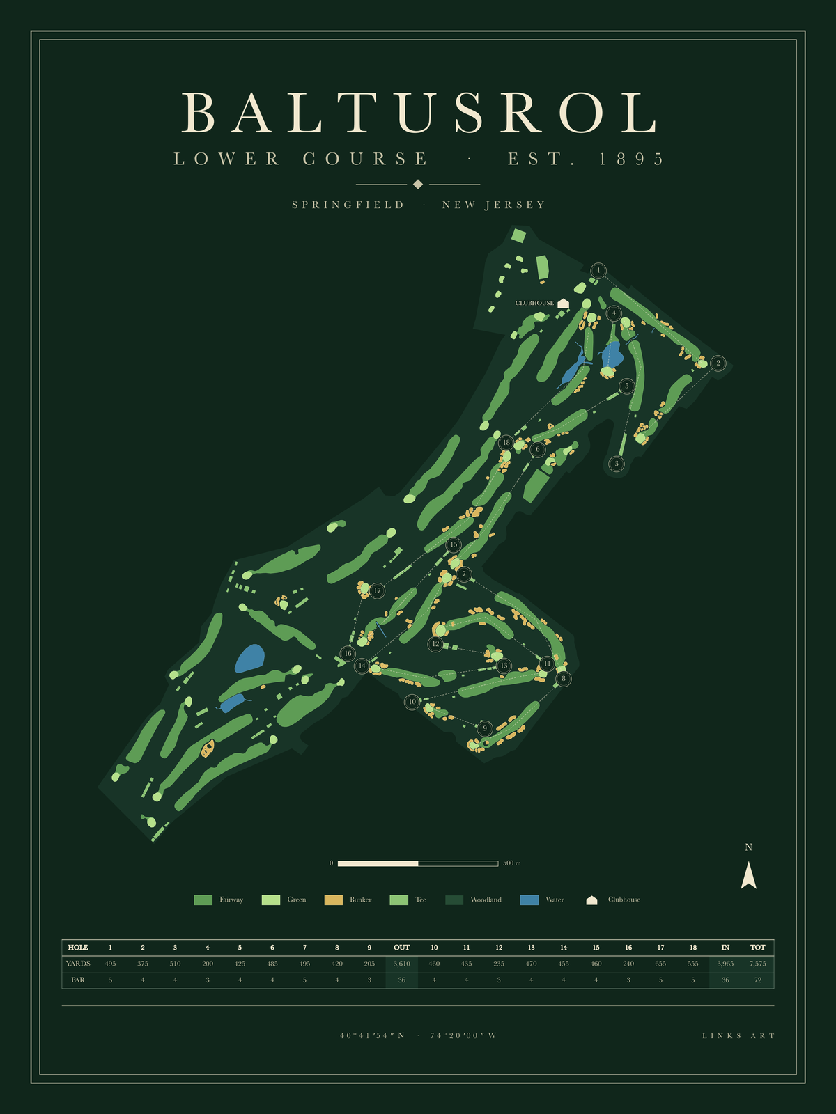 Baltusrol Lower Course Map golf course map poster, Fescue, portrait