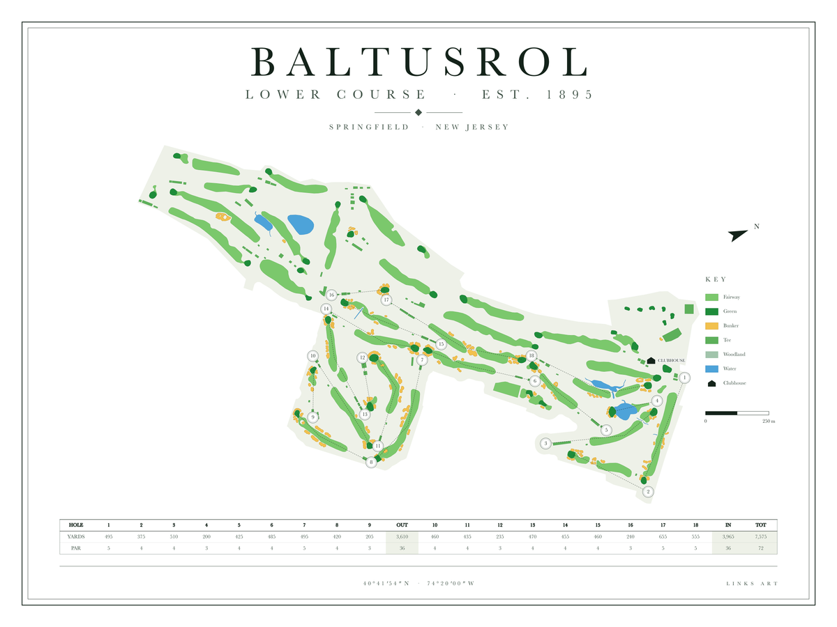 Baltusrol Lower Course Map golf course map poster, Chalk, landscape
