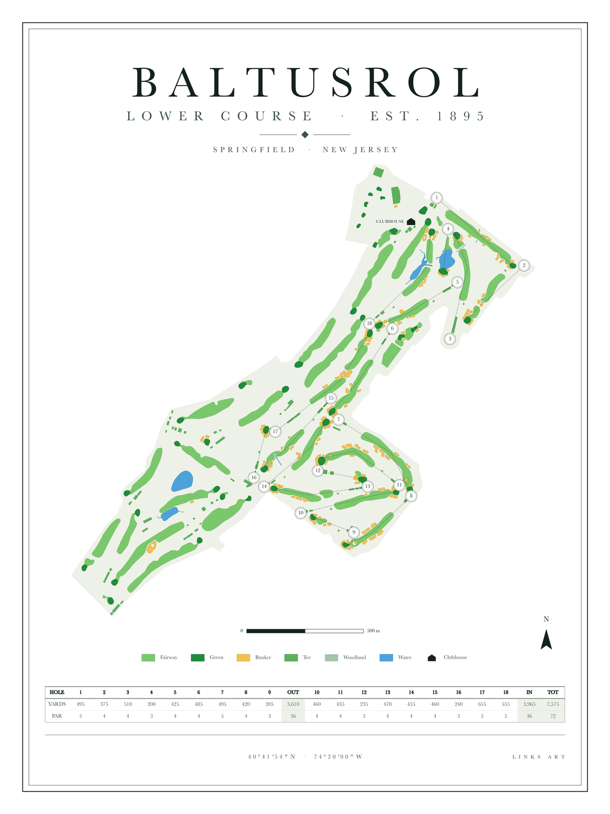 Baltusrol Lower Course Map golf course map poster, Chalk, portrait
