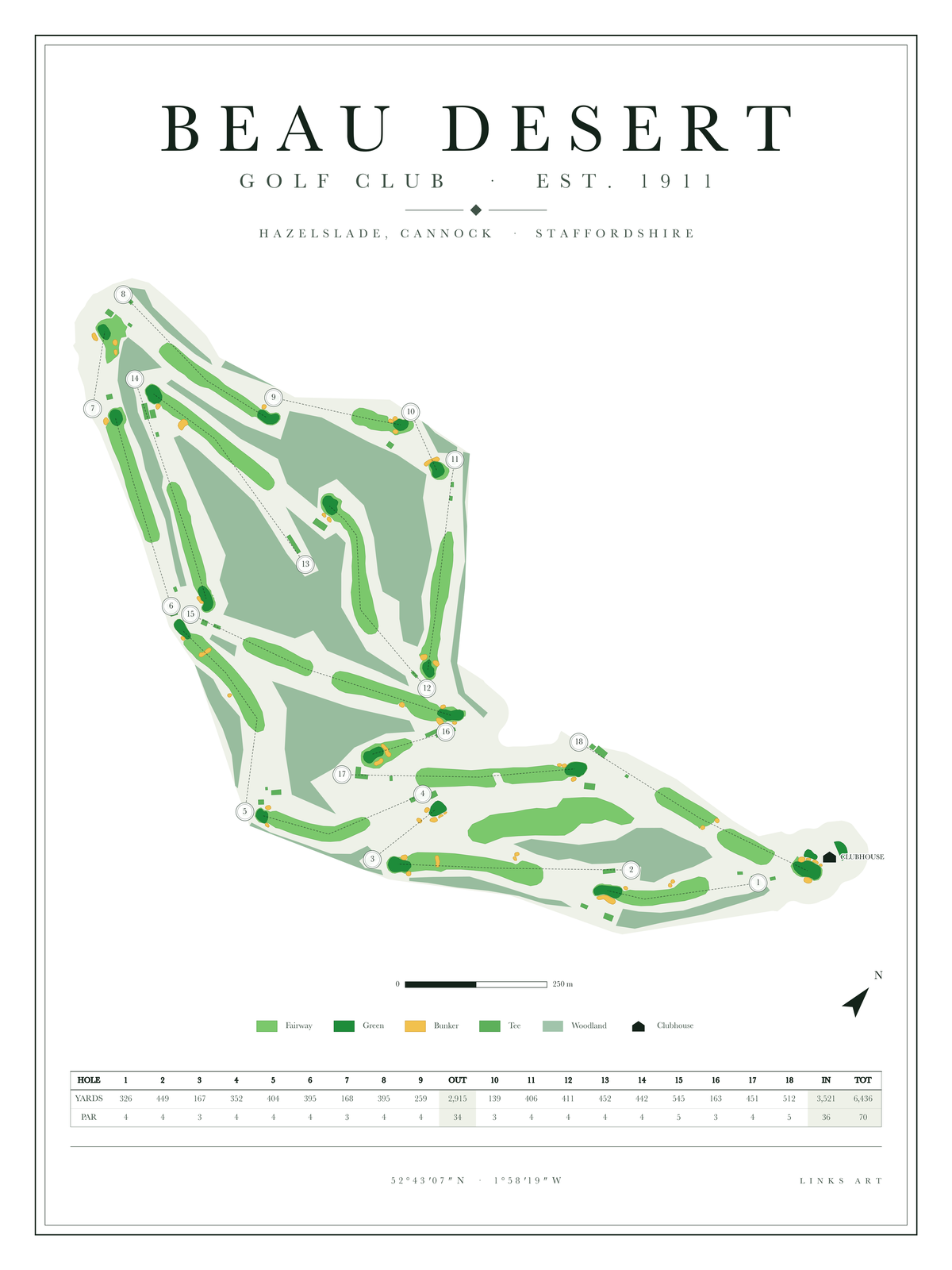Beau Desert golf course map poster, Chalk, portrait