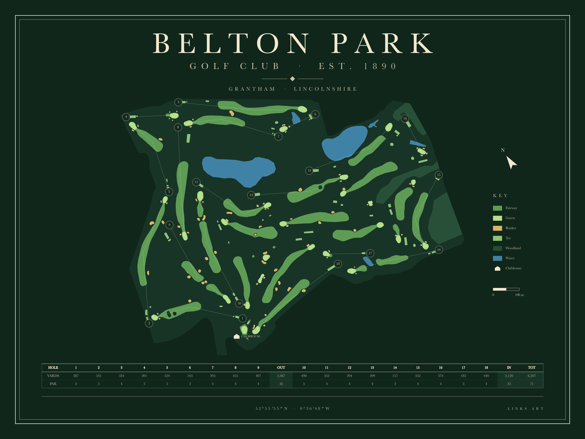 Belton Park golf course map poster, Fescue, landscape