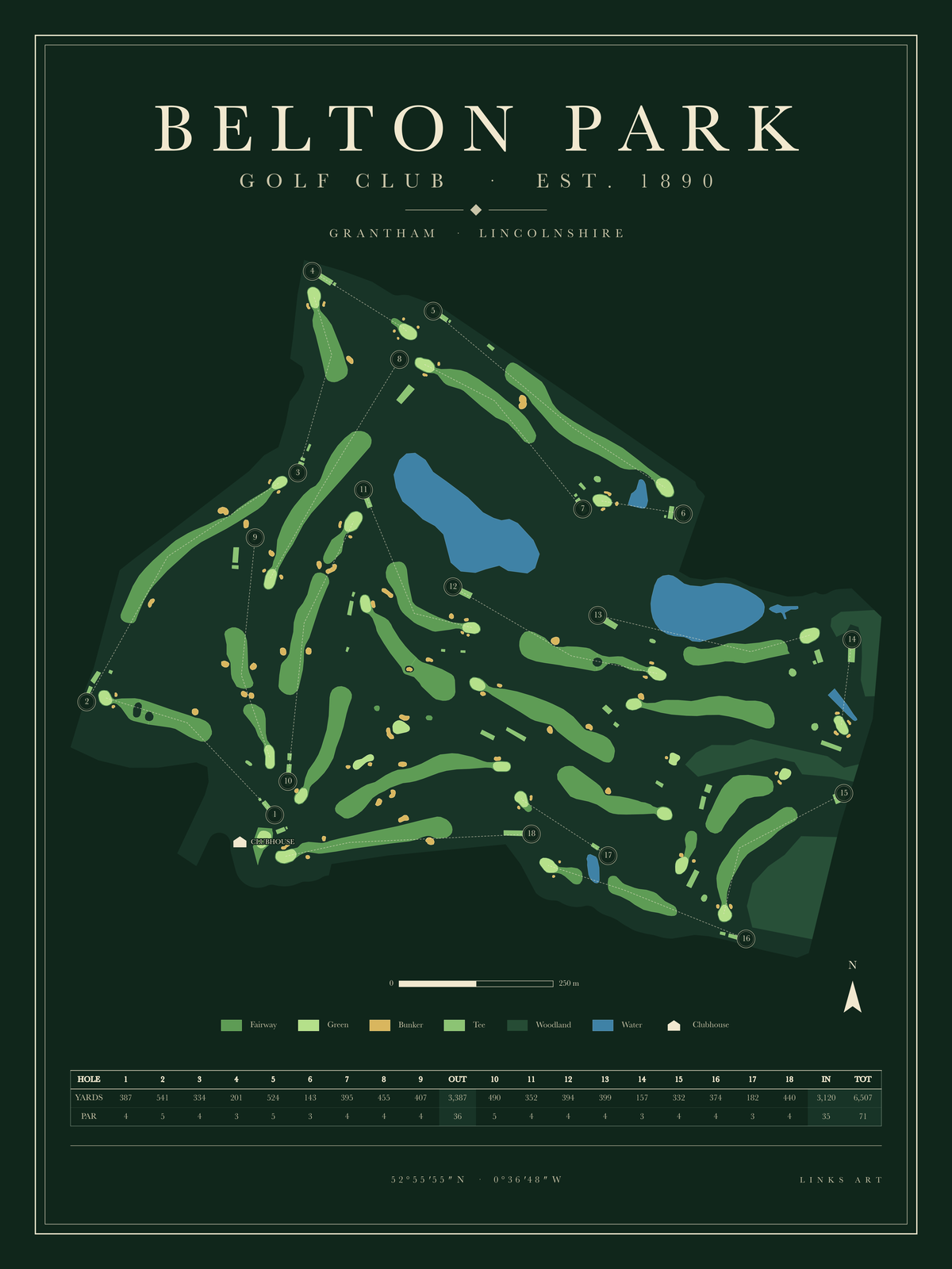 Belton Park golf course map poster, Fescue, portrait