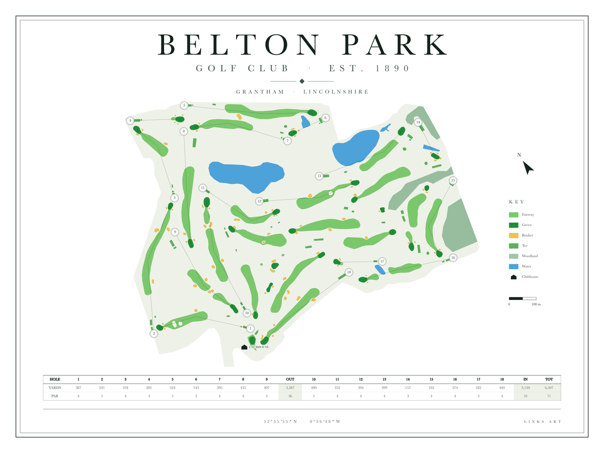 Belton Park golf course map poster, Chalk, landscape