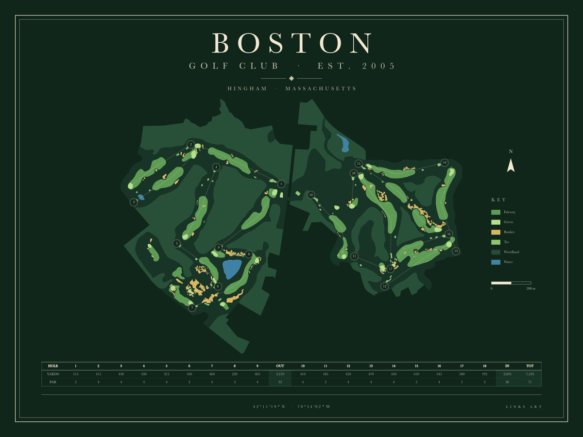 Boston golf course map poster, Fescue, landscape