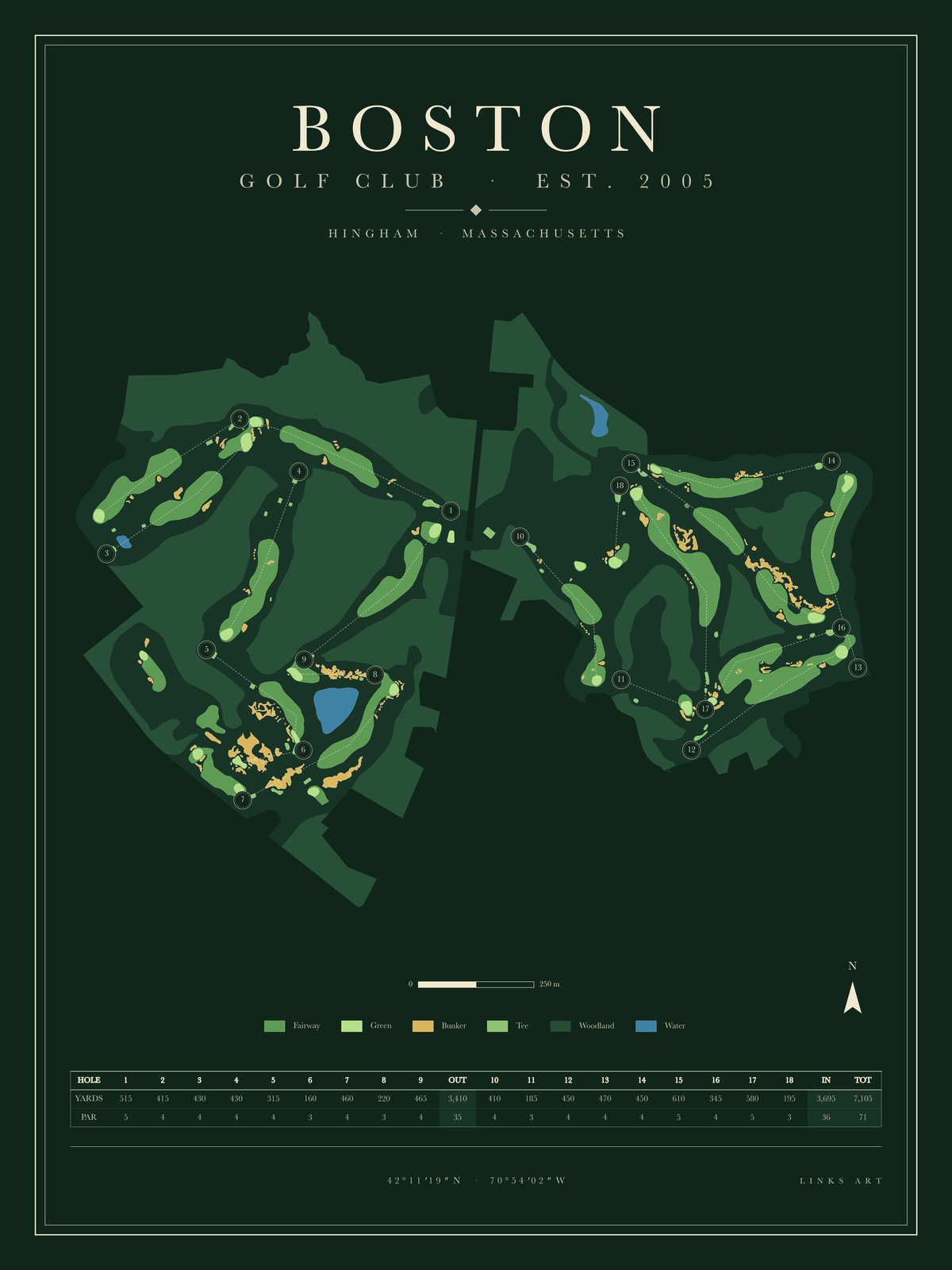 Boston golf course map poster, Fescue, portrait