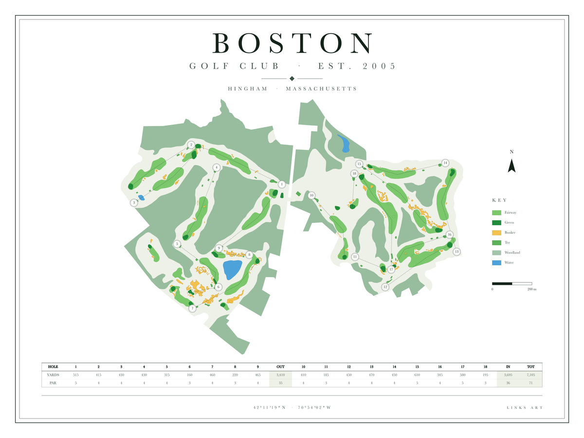 Boston golf course map poster, Chalk, landscape