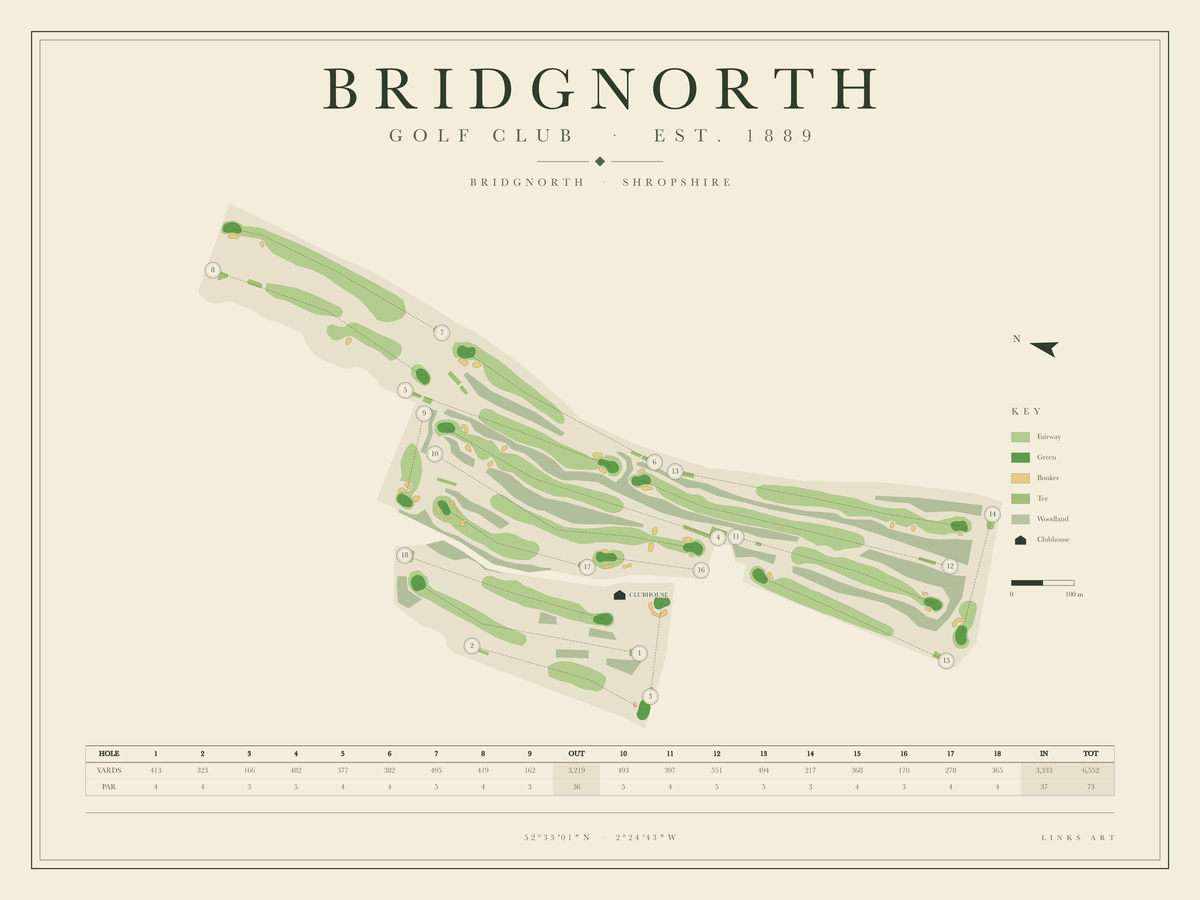 Bridgnorth golf course map poster, landscape