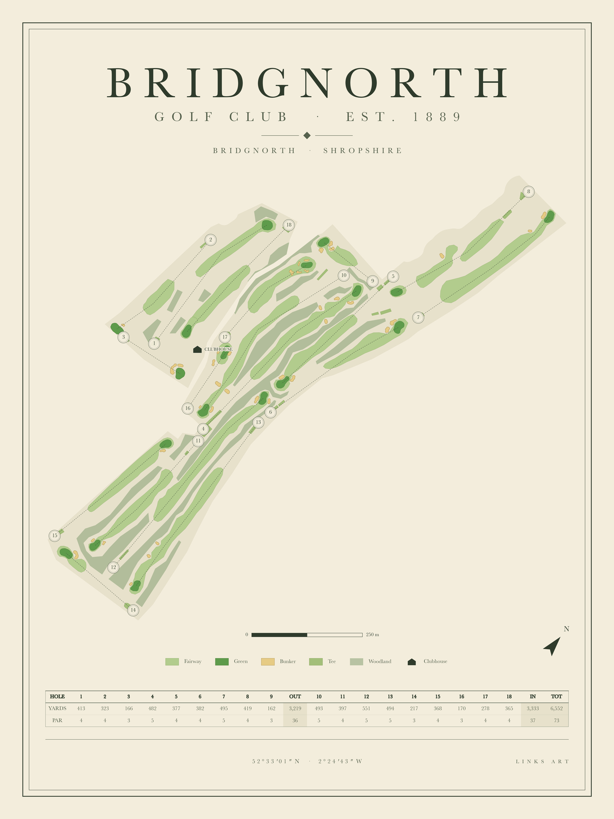 Bridgnorth golf course map poster, portrait