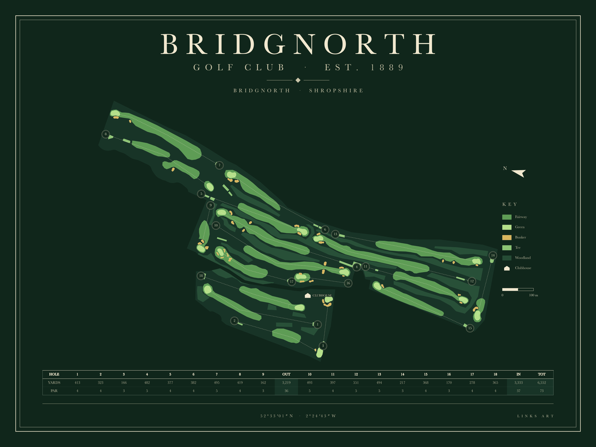 Bridgnorth golf course map poster, Fescue, landscape