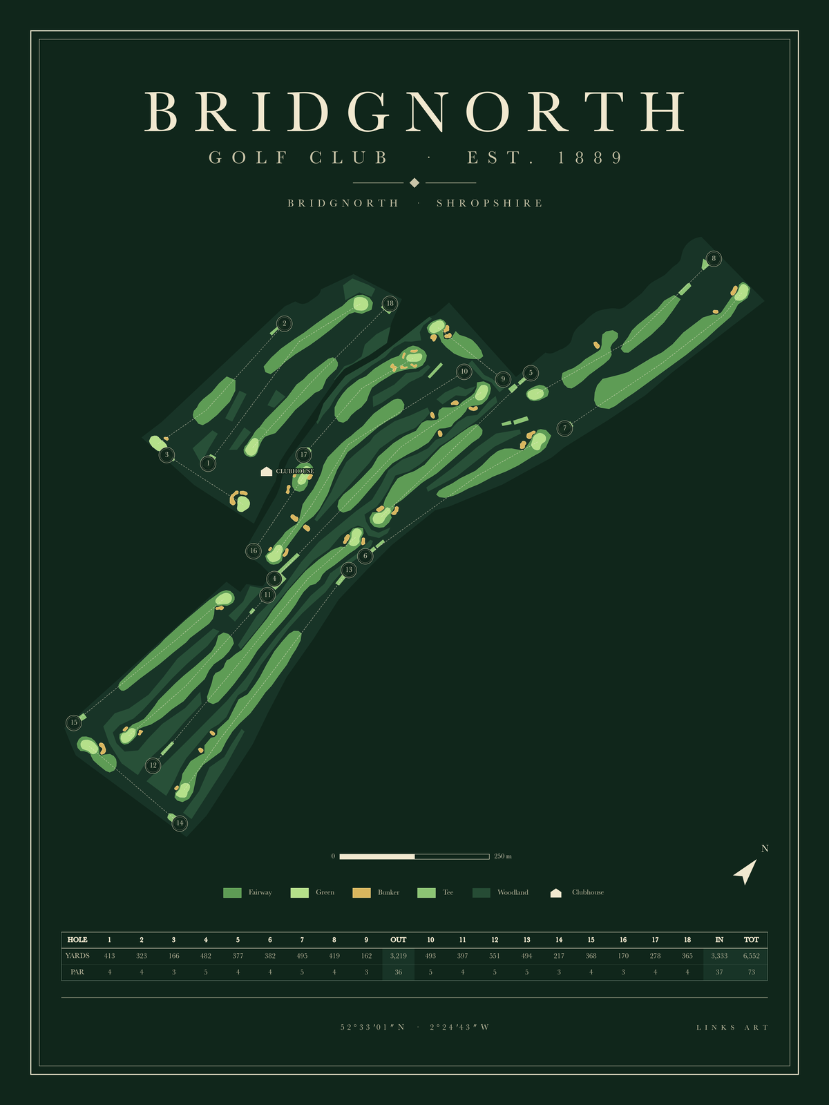 Bridgnorth golf course map poster, Fescue, portrait
