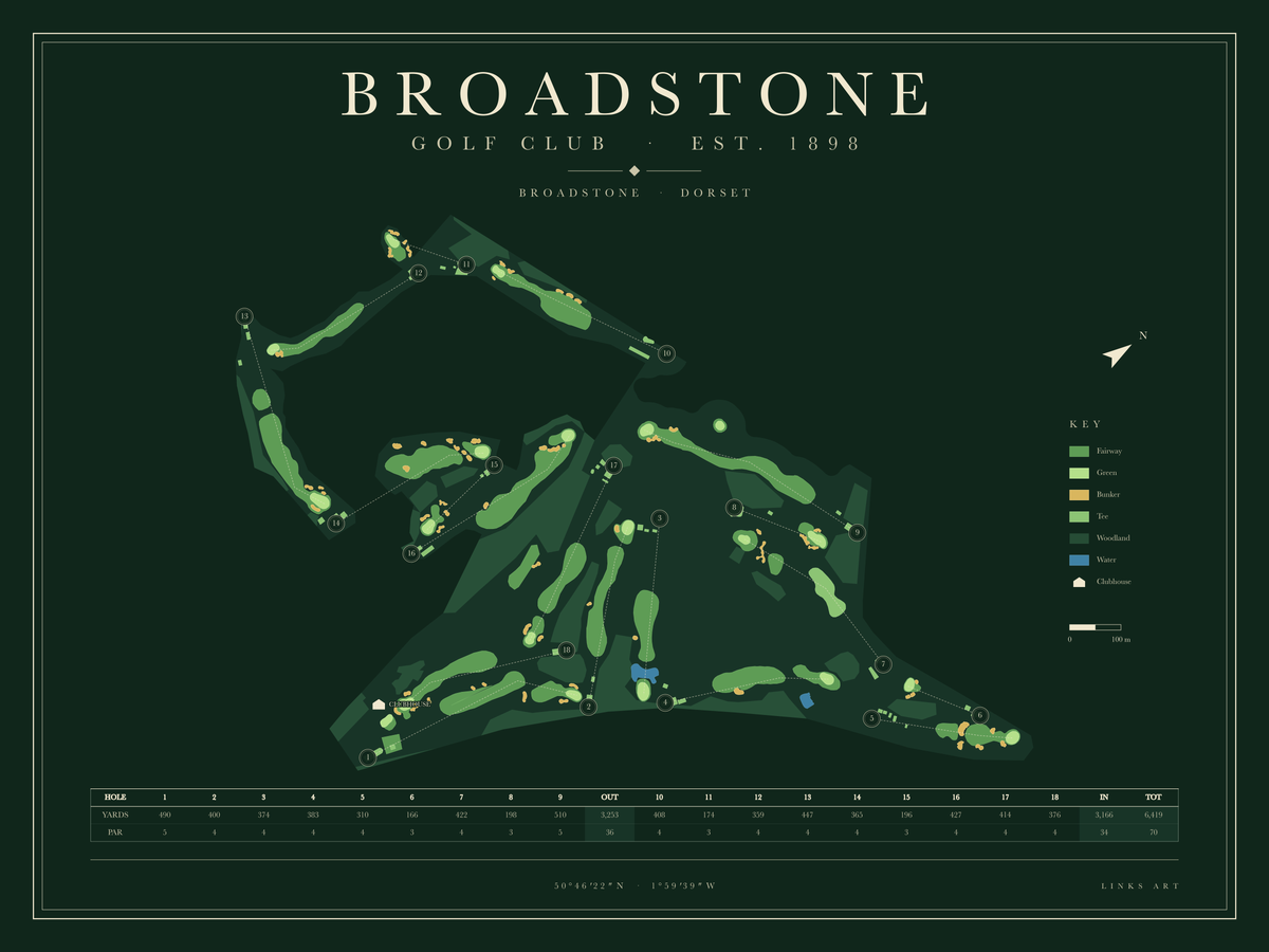 Broadstone golf course map poster, Fescue, landscape