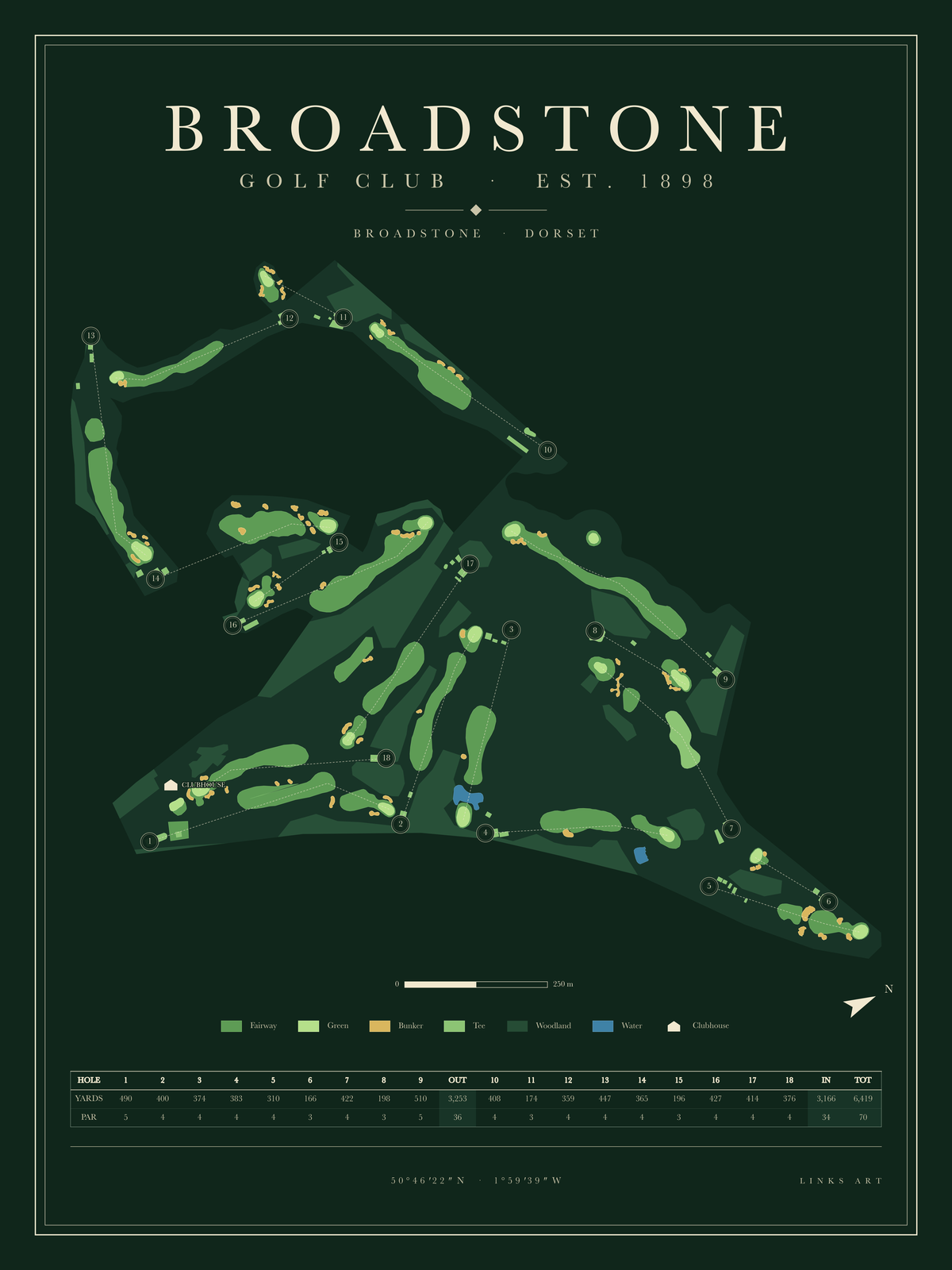 Broadstone golf course map poster, Fescue, portrait