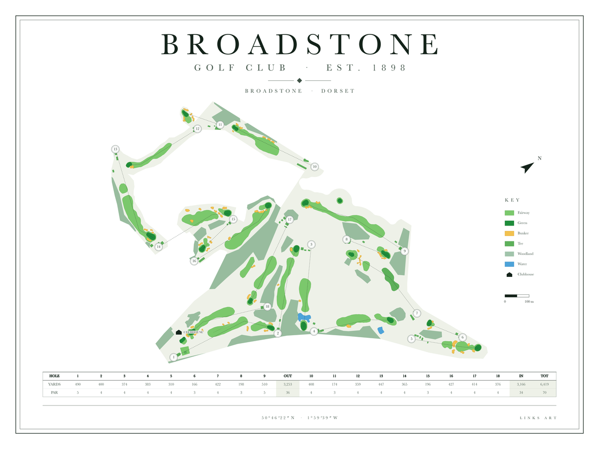 Broadstone golf course map poster, Chalk, landscape