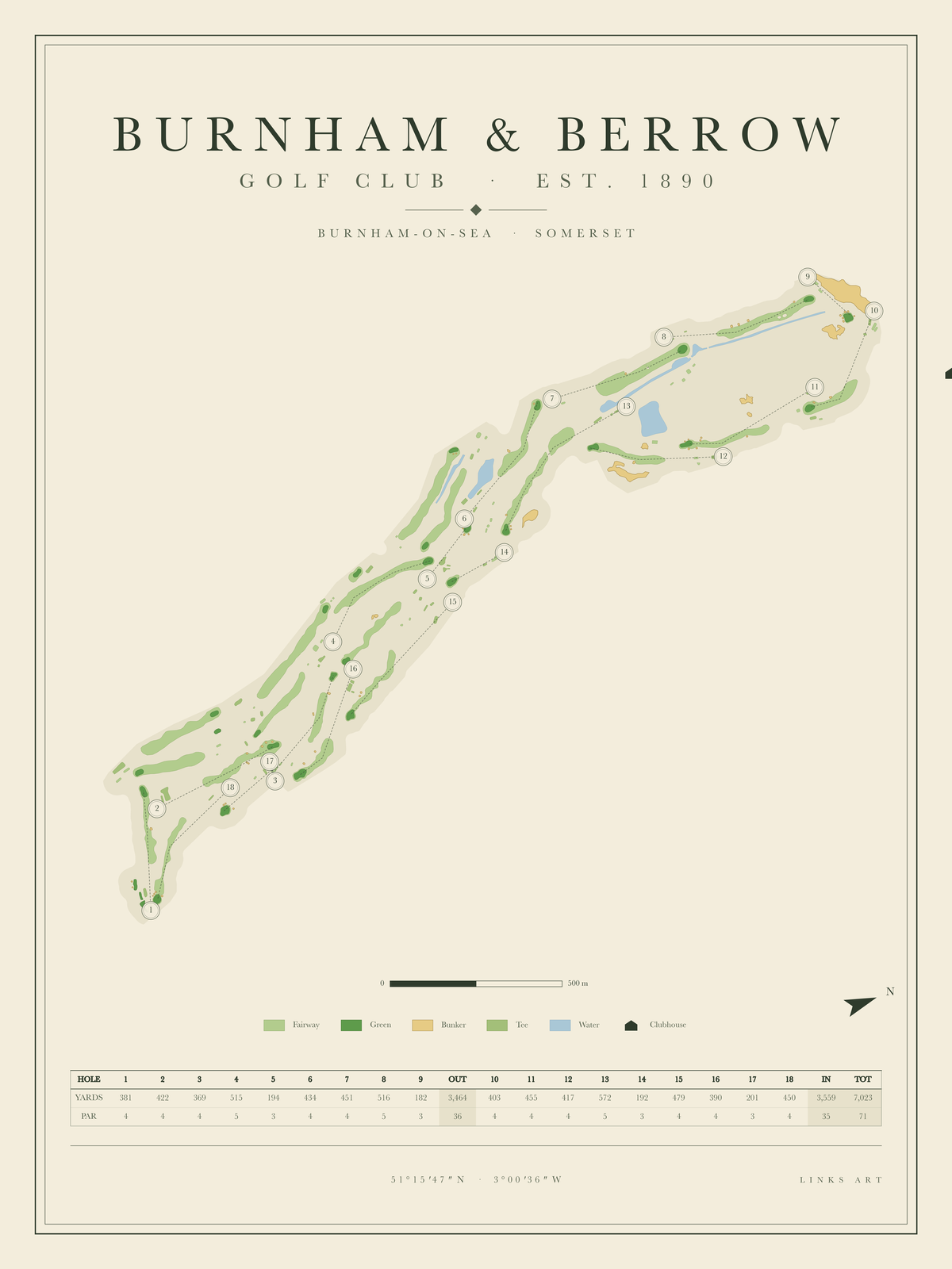 Burnham & Berrow golf course map poster, portrait