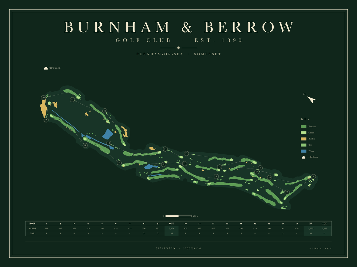 Burnham & Berrow golf course map poster, Fescue, landscape