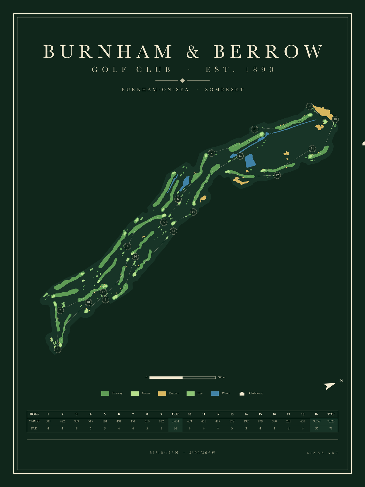 Burnham & Berrow golf course map poster, Fescue, portrait