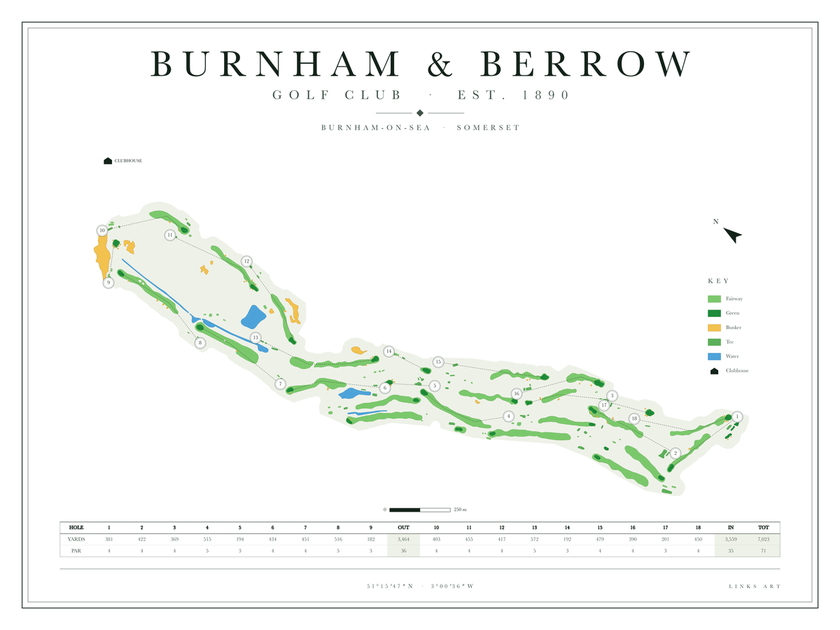 Burnham & Berrow golf course map poster, Chalk, landscape