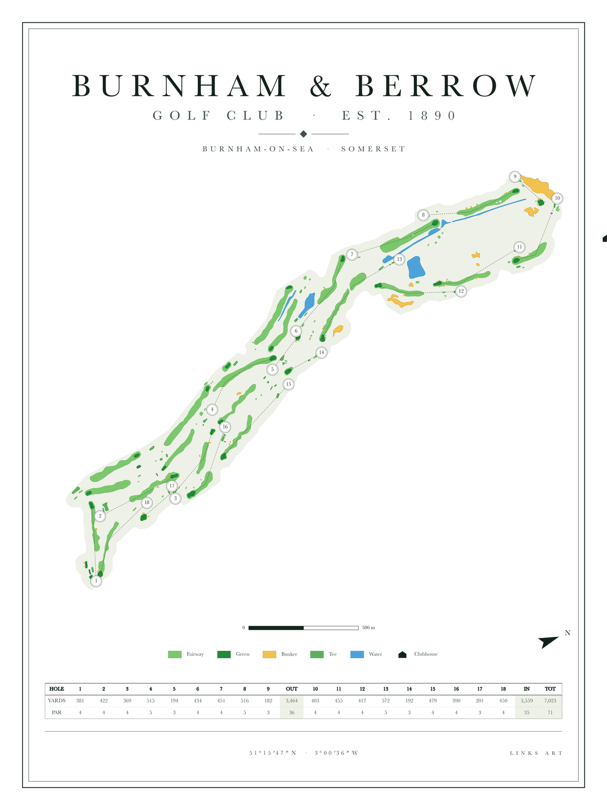 Burnham & Berrow golf course map poster, Chalk, portrait