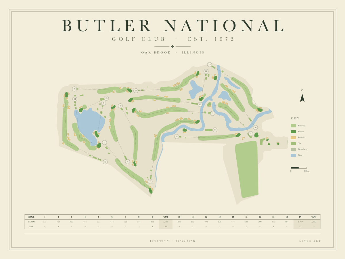 Butler National golf course map poster, landscape