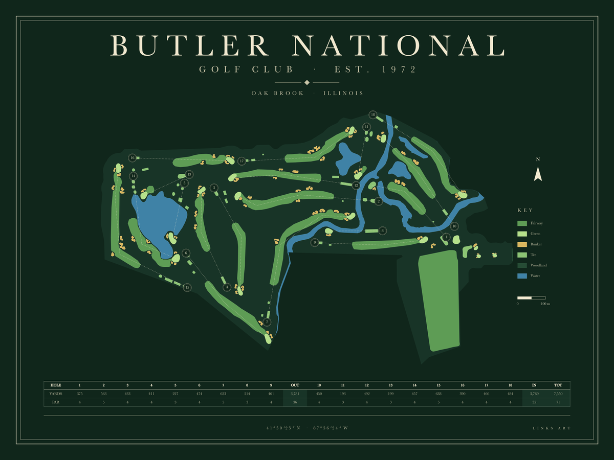 Butler National golf course map poster, Fescue, landscape
