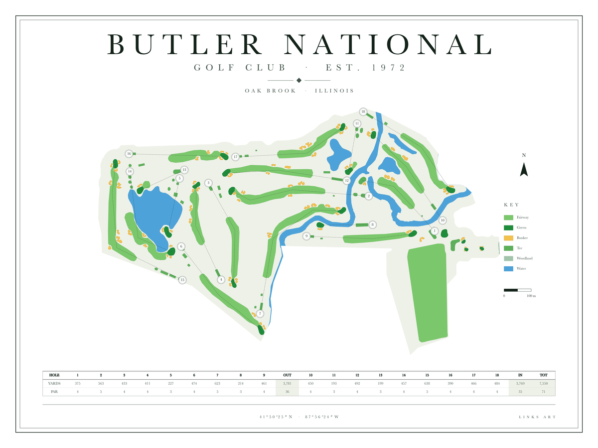 Butler National golf course map poster, Chalk, landscape