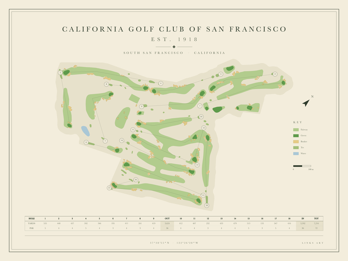 California Golf Club of San Francisco golf course map poster, landscape