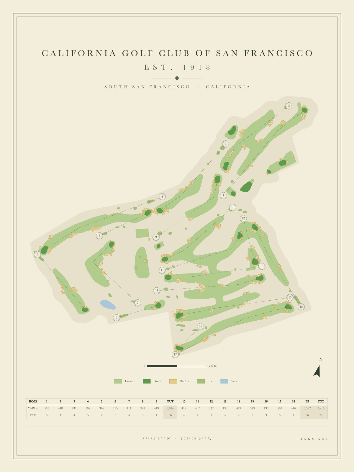 California Golf Club of San Francisco golf course map poster, portrait