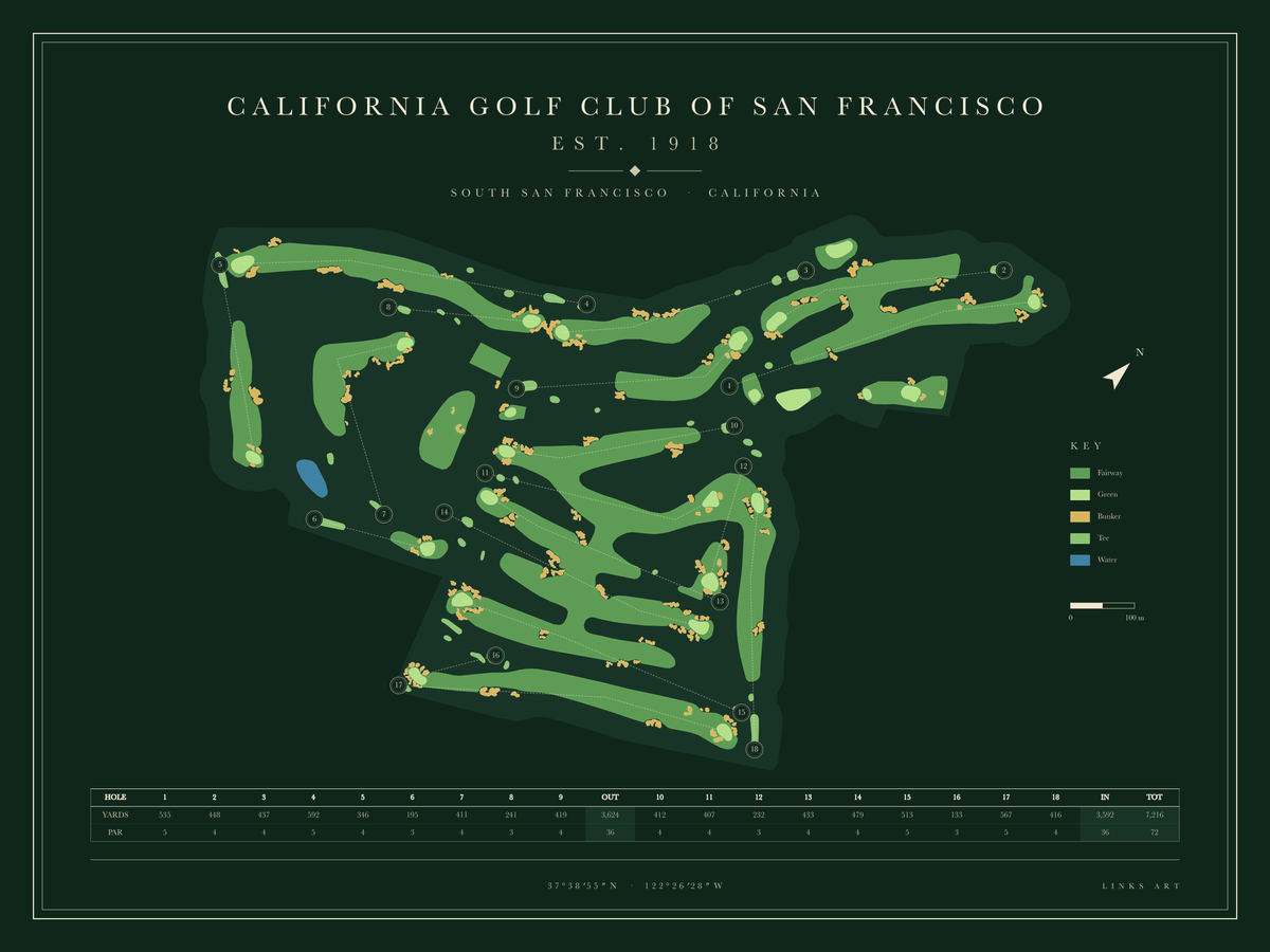 California Golf Club of San Francisco golf course map poster, Fescue, landscape