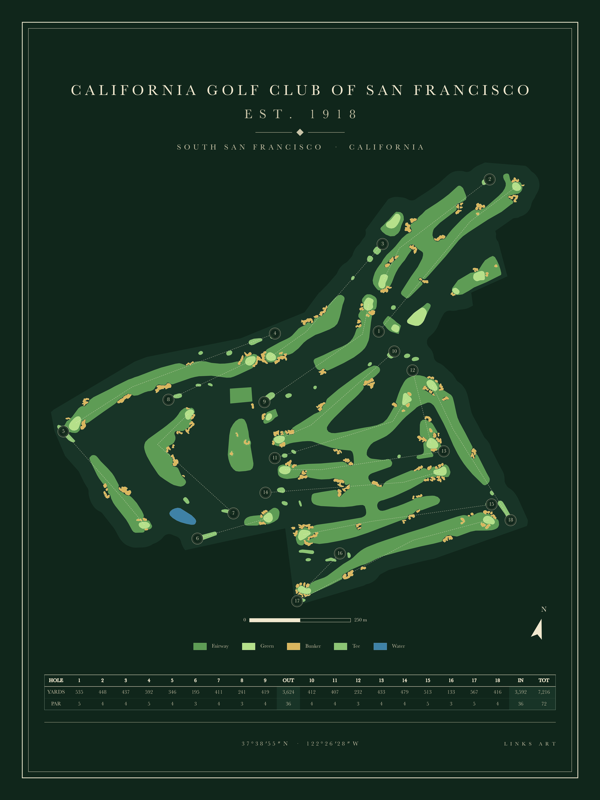 California Golf Club of San Francisco golf course map poster, Fescue, portrait