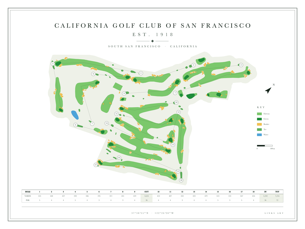 California Golf Club of San Francisco golf course map poster, Chalk, landscape