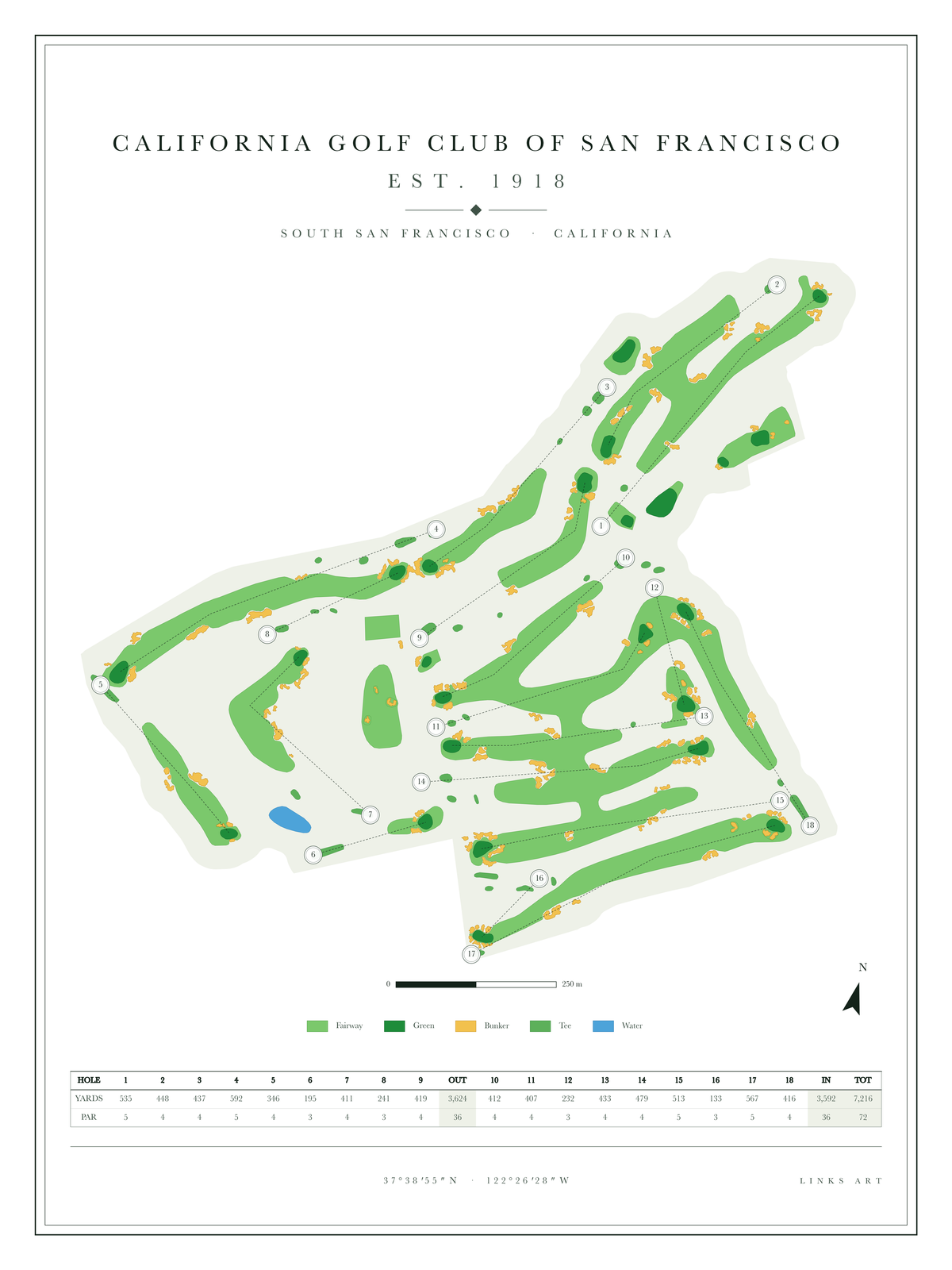 California Golf Club of San Francisco golf course map poster, Chalk, portrait