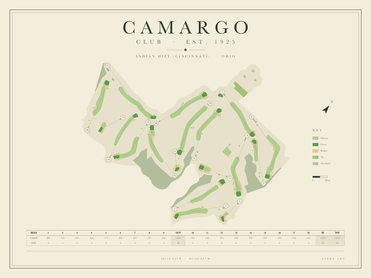 Camargo golf course map poster, landscape