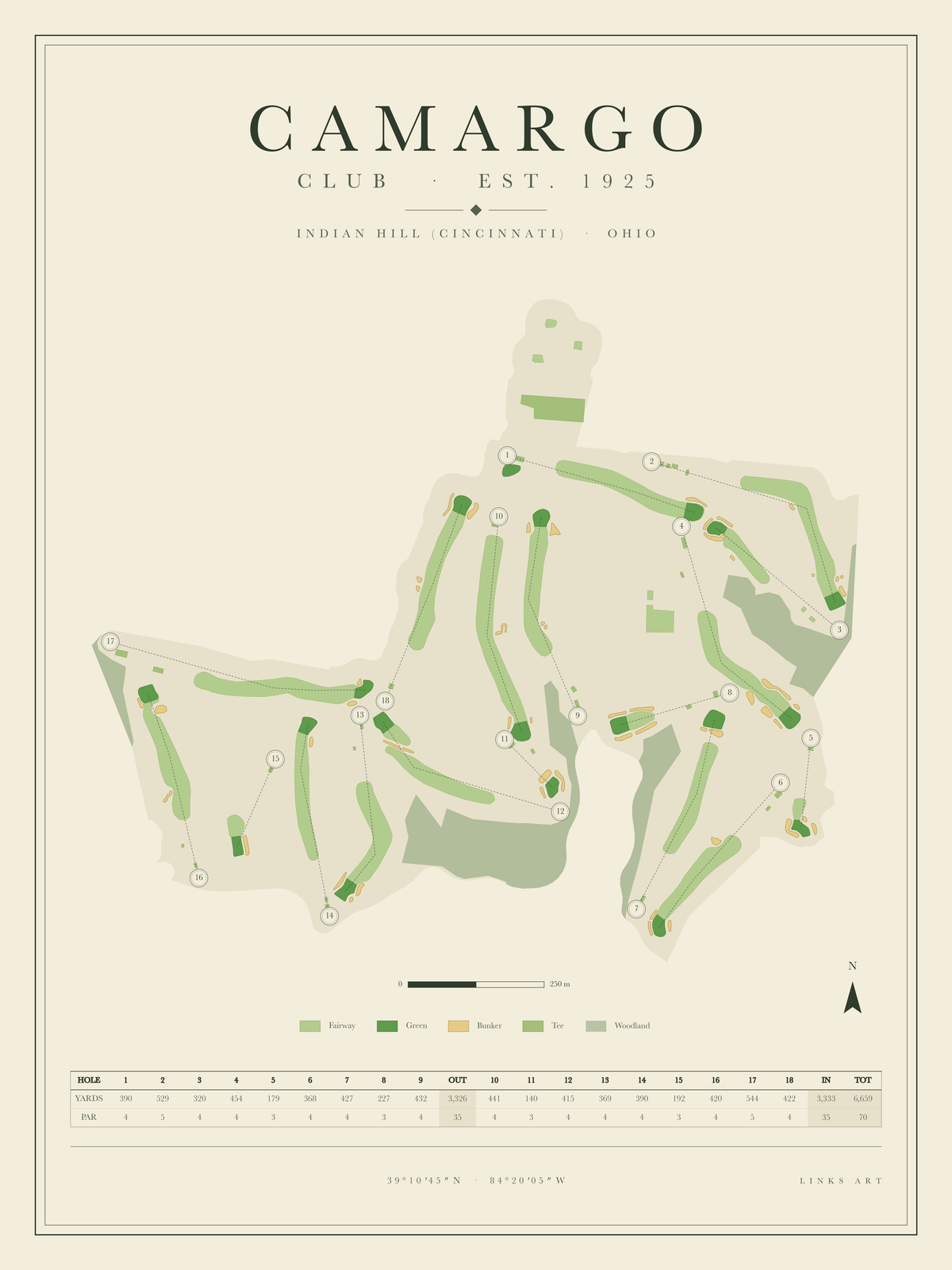 Camargo golf course map poster, portrait