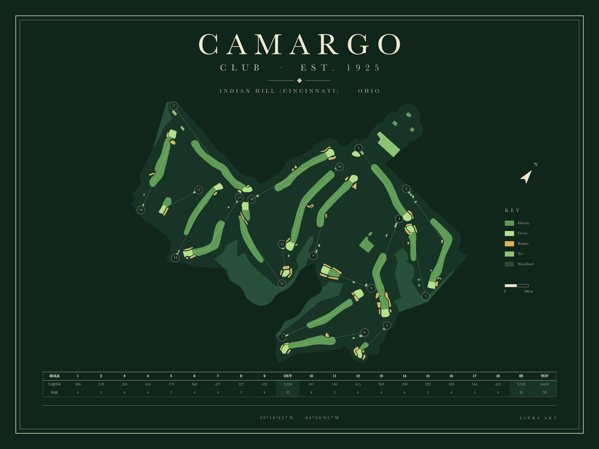 Camargo golf course map poster, Fescue, landscape