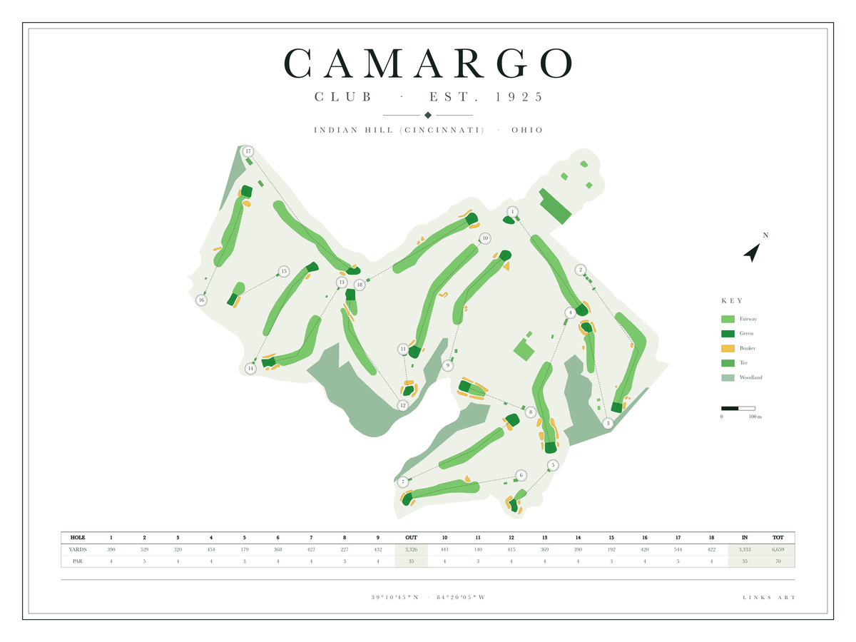 Camargo golf course map poster, Chalk, landscape